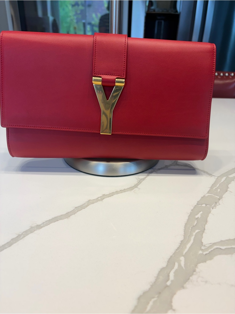 Saint Laurent YSL Sac Y Clutch- Red Leather with Gold Hardware - Suede Interior